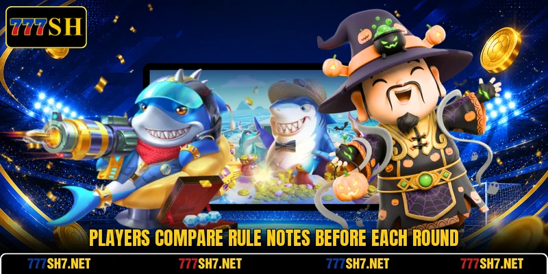 Players compare rule notes before each round Players compare rule notes before each round